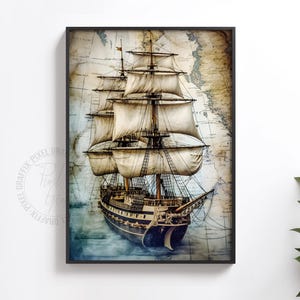 May include: A framed wall art print featuring a detailed tall ship with white sails set against a vintage-style nautical map background. The ship has a dark hull and intricate rigging, while the map displays faded geographical lines and text.