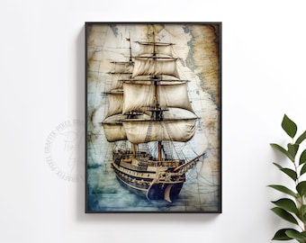 Vintage nautical ship map poster | Maritime sailing wall art print, Old world explorer decor, Digital download