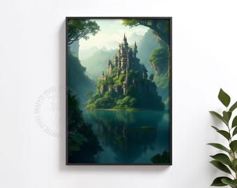 Enchanted castle poster | Fantasy landscape wall art, Magical island palace illustration, Dreamy fairytale decor, Digital download