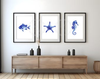 Blue coastal wall art set of 3 | Seahorse starfish fish prints, Nautical ocean decor, Marine animal gallery, Digital download