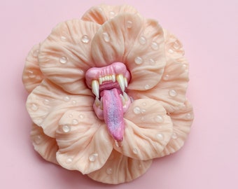 Ivory Rose flower Brooch. Predatory flower with jaws and a tongue from Polymer Clay