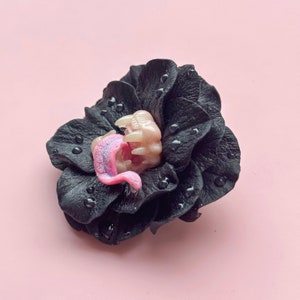 Black Rose predatory flower. Peony with teeth and tongue, Polymer clay image 3