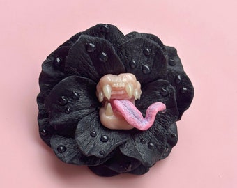 Black Rose predatory flower. Peony with teeth and tongue, Polymer clay