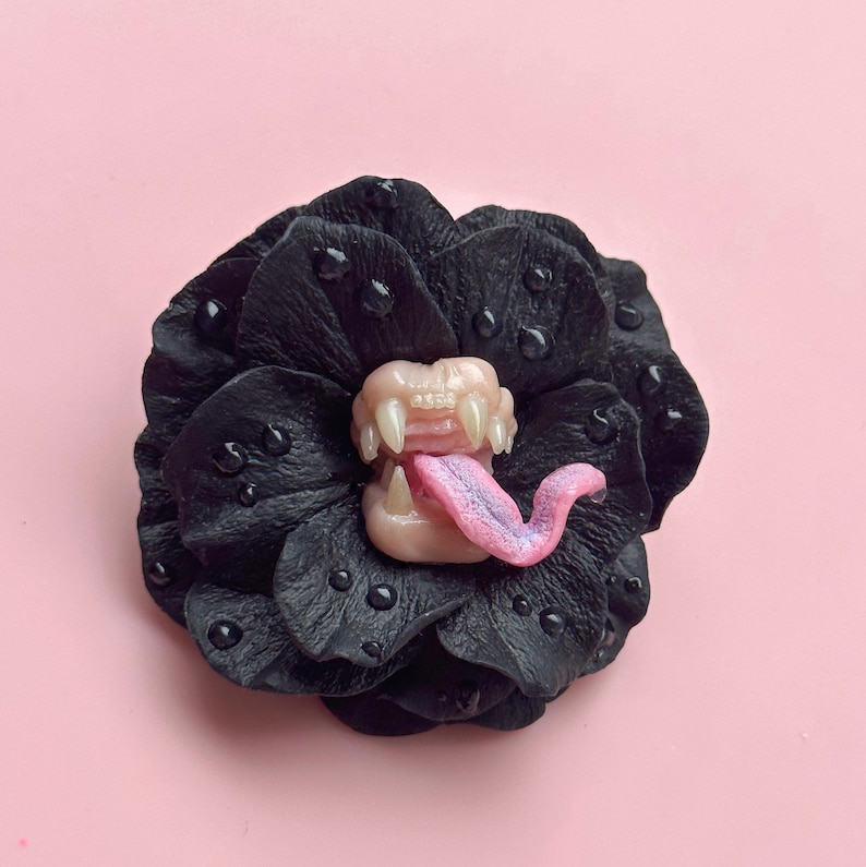 Black Rose predatory flower. Peony with teeth and tongue, Polymer clay image 1