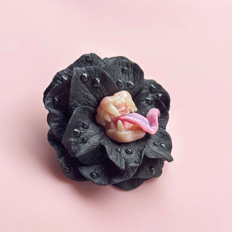 Black Rose predatory flower. Peony with teeth and tongue, Polymer clay image 2