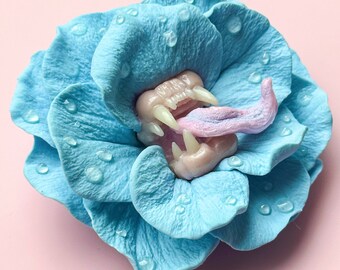 Blue Rose flower Brooch. Predatory flower with jaws and a tongue from Polymer Clay