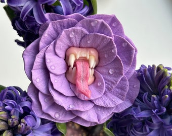 Lilac Rose flower Brooch. Predatory flower with jaws and a tongue from Polymer Clay