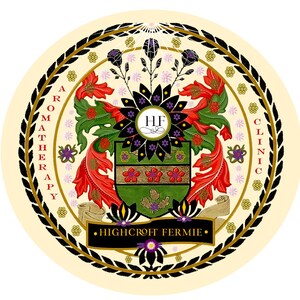 May include: A circular logo with a gold and black border, featuring a green and gold shield with red and purple flowers. The text "HIGHCROFT FERMIE" is written on a scroll at the bottom of the logo. The text "AROMATHERAPY CLINIC" is written around the border of the logo.