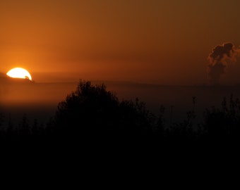 Shiba, sunrise over countryside, during morning mist