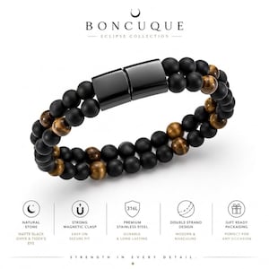 May include: A double-strand beaded bracelet featuring matte black onyx and brown tiger's eye stones. The bracelet includes a polished black stainless steel magnetic clasp. Text on the image includes BONCUQUE ECLIPSE COLLECTION and feature icons.