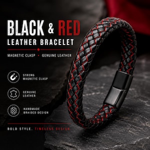 Zwart en rood gevlochten leren armband voor heren, magnetische sluiting, echt leren polsbandje, cadeau vriendje