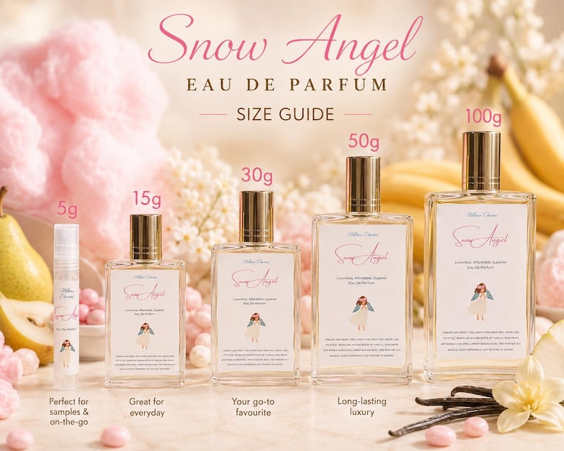 K&ouml;nnte beinhalten: F&uuml;nf klare Glasparf&uuml;mflaschen mit der Aufschrift Snow Angel Eau de Parfum in verschiedenen Gr&ouml;&szlig;en von 5g, 15g, 30g, 50g und 100g. Jede Flasche hat einen goldenen Verschluss und ein wei&szlig;es Etikett mit einer kleinen Engelsillustration.