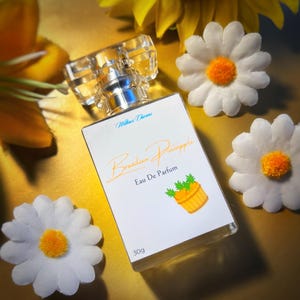 Peut inclure: Un flacon en verre transparent d'eau de parfum à la  pêche brésilienne avec une étiquette blanche. L'étiquette présente une police d'écriture manuscrite et une illustration de dessin animé d'un ananas dans un panier en bois. Le flacon est de 309 ml.