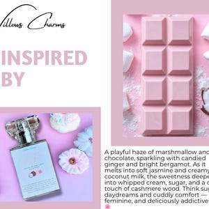 May include: A pink perfume bottle, a pink chocolate bar, and decorative items are arranged on a pink background. The perfume bottle has a clear, faceted top and a label with text. The chocolate bar is rectangular with eight squares.