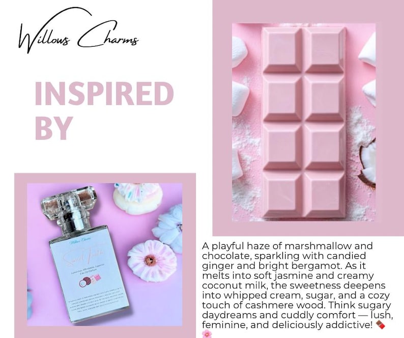 May include: A pink perfume bottle, a pink chocolate bar, and decorative items are arranged on a pink background. The perfume bottle has a clear, faceted top and a label with text. The chocolate bar is rectangular with eight squares.