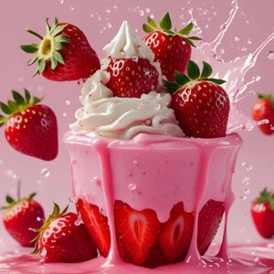K&ouml;nnte beinhalten: Ein rosa Dessert in einer Schale, garniert mit wei&szlig;er Schlagsahne und frischen roten Erdbeeren. Das Dessert ist mit einer dicken rosa Glasur &uuml;berzogen, die an den Seiten herabl&auml;uft. Mehrere ganze Erdbeeren schweben mit Wasserspritzern um die Schale.