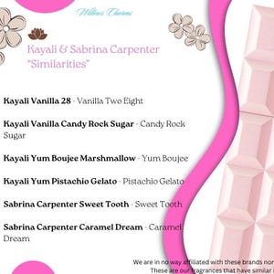 Pu&ograve; includere: Una grafica rosa e bianca con testo che elenca i nomi delle fragranze. Il testo include "Kayali & Sabrina Carpenter Similarities" e nomi di fragranze come "Vanilla 28" e "Sweet Tooth". Sono presenti elementi floreali decorativi.