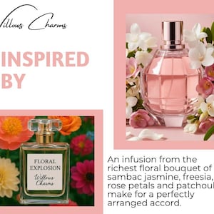 May include: An advertisement for perfume. One bottle is a geometric shape with a pink liquid, surrounded by white and pink flowers. The other is a rectangular bottle with the text "FLORAL EXPLOSION" and "Willows Charms".