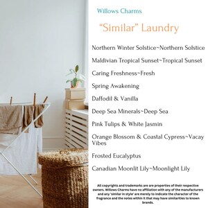 May include: A white clothes horse with clothes hanging on it. A wicker laundry basket sits on the floor next to the horse. A text overlay lists "Similar" Laundry scents, including "Northern Winter Solstice", "Maldivian Tropical Sunset", "Caring Freshness", "Spring Awakening", "Daffodil & Vanilla", "Deep Sea Minerals", "Pink Tulips & White Jasmine", "Orange Blossom & Coastal Cypress", "Frosted Eucalyptus", and "Canadian Moonlit Lily".