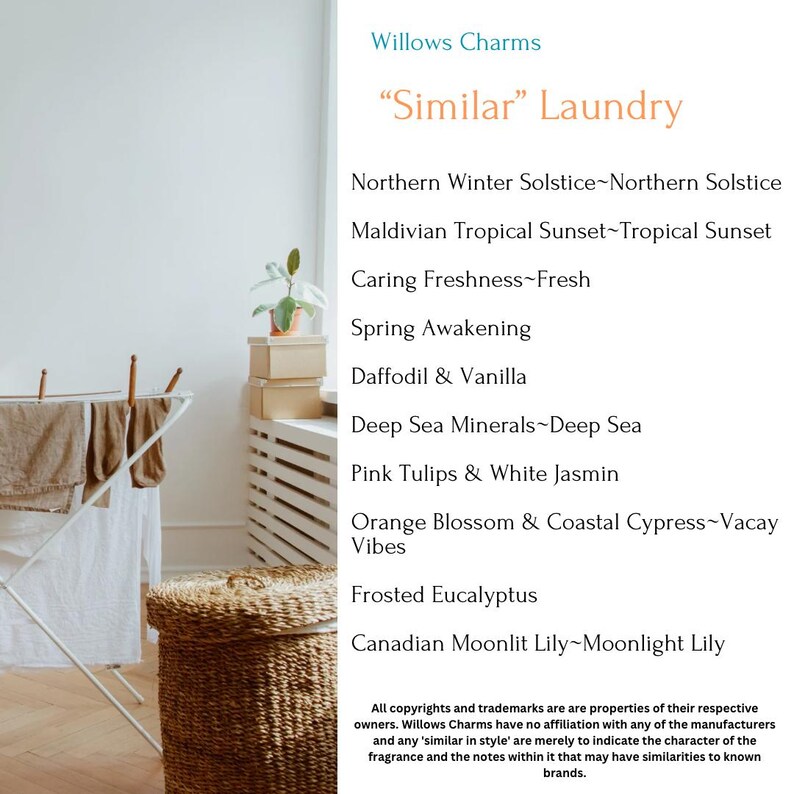 May include: A white clothes horse with clothes hanging on it. A wicker laundry basket sits on the floor next to the horse. A text overlay lists "Similar" Laundry scents, including "Northern Winter Solstice", "Maldivian Tropical Sunset", "Caring Freshness", "Spring Awakening", "Daffodil & Vanilla", "Deep Sea Minerals", "Pink Tulips & White Jasmine", "Orange Blossom & Coastal Cypress", "Frosted Eucalyptus", and "Canadian Moonlit Lily".