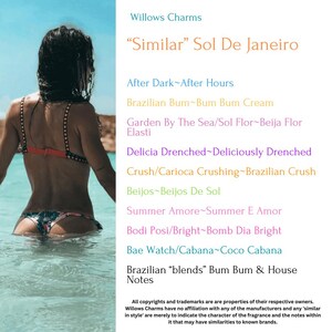 May include: A text-based image listing fragrances similar to Sol De Janeiro's "Brazilian Bum Bum Cream". The text lists fragrances such as "After Dark", "Garden By The Sea", "Delicia Drenched", "Crush", "Beijos", "Summer Amore", "Bodi Posi", "Bae Watch", and "Brazilian "blends" Bum Bum & House Notes".