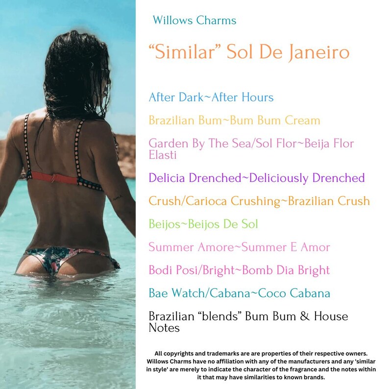 May include: A text-based image listing fragrances similar to Sol De Janeiro's "Brazilian Bum Bum Cream". The text lists fragrances such as "After Dark", "Garden By The Sea", "Delicia Drenched", "Crush", "Beijos", "Summer Amore", "Bodi Posi", "Bae Watch", and "Brazilian "blends" Bum Bum & House Notes".