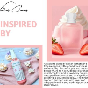 May include: Pink body lotion spray bottle with the text "Yum Bae" and a clear cap. The image also features a perfume bottle, strawberries, and marshmallows, with the words "Inspired By" at the top.
