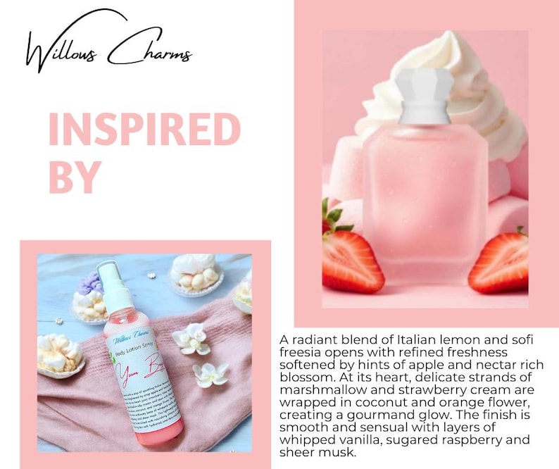 May include: Pink body lotion spray bottle with the text "Yum Bae" and a clear cap. The image also features a perfume bottle, strawberries, and marshmallows, with the words "Inspired By" at the top.