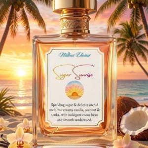 Könnte beinhalten: Ein rechteckiger Glasparfümflakon mit goldenem Verschluss, gefüllt mit bernsteinfarbener Flüssigkeit. Das Etikett trägt die Aufschrift Willows Charms Sugar Sunrise und listet Noten von Zucker, Orchidee, Vanille, Kokosnuss, Tonka, Kakao und Sandelholz.
