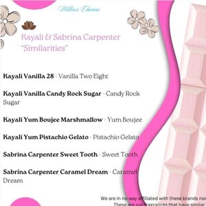 May include: A pink and white graphic with the text "Kayali & Sabrina Carpenter Similarities." The text lists fragrance names such as Kayali Vanilla 28, Kayali Yum Boujee Marshmallow, and Sabrina Carpenter Sweet Tooth.