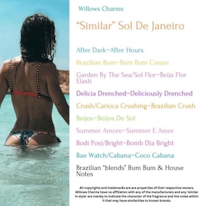 May include: A woman in a patterned bikini stands in clear blue water. The image includes text that reads "Willows Charms" and "Similar Sol De Janeiro" with a list of fragrance names. The overall theme is related to beauty and fragrance.