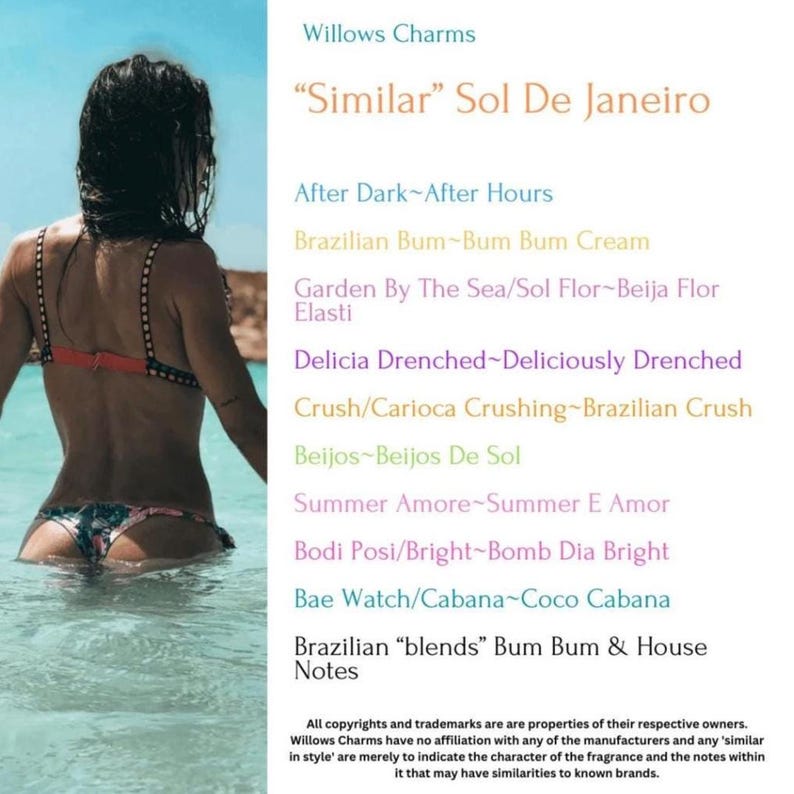 May include: A woman in a patterned bikini stands in clear blue water. The image includes text that reads "Willows Charms" and "Similar Sol De Janeiro" with a list of fragrance names. The overall theme is related to beauty and fragrance.