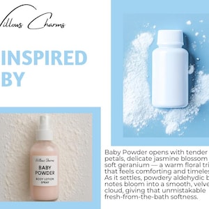 Puede incluir: Un frasco de spray de loción corporal rosa claro y un frasco de polvo blanco sobre un fondo azul. El frasco de loción tiene el texto "Baby Powder Body Lotion Spray". La imagen también incluye el texto "Inspired By".