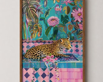 Jaguar Botanical Bath Art Print: Eclectic Bathroom Poster