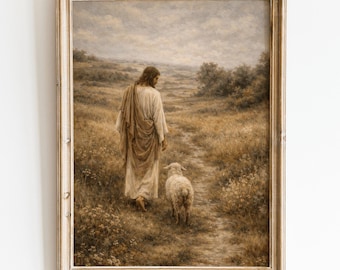 Vintage Easter Poster, Jesus with Lamb Oil Painting, Cottagecore Christian Art