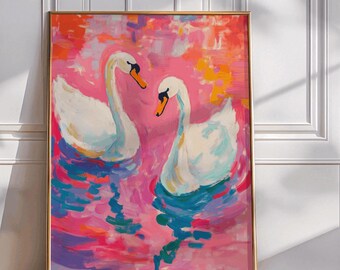Swan Lake Art Print: Colorful Pond, Serene Nature Decor