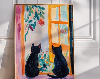 Two Black Cats Art Print: Retro Window Poster, Bright Home Decor