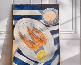 Plakat z krewetkami i owocami morza: retro wydruk kuchenny, sztuka kulinarna
