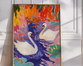 Swan Lake Art Print: Colorful Nature Painting, Bright Home Decor