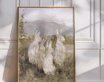 Vintage Easter Bunny Oil Painting: Farmhouse Spring Decor (Printable)