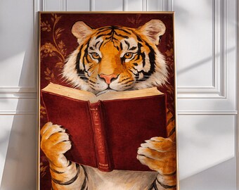 Tiger Reading Poster – Rich Burgundy Library Wall Art, Cozy Book Lover Decor