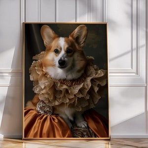 May include: A framed print of a corgi dog wearing a large, frilly, lace collar. The dog is sitting in a golden-brown dress with a floral pattern. The background is a dark brown.