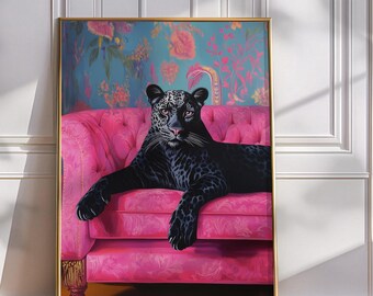 Black Panther Art Print: Vibrant Pink Sofa, Eclectic Wall Decor