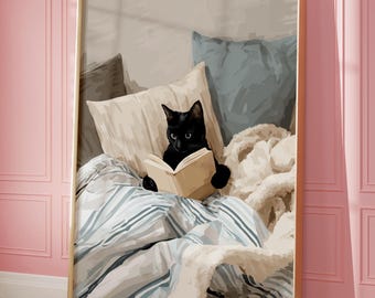 Cozy Cat Reading Poster - Cute Black Cat in Bed - Perfect Gift for Cat Lovers, Bedroom Poster, Scandi Decor - Autumn, Fall, Winter Decor