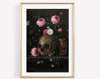 Vintage Skull & Roses Painting: Gothic Halloween Art Print (Digital Download)