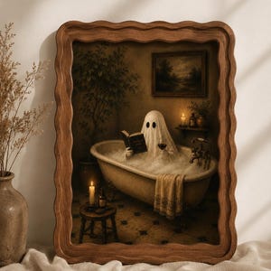 May include: A rectangular wall art print in a wavy-edged wooden frame depicting a ghost figure covered in a white sheet sitting in a clawfoot bathtub filled with bubbles, reading a book and holding a glass of red wine in a dimly lit room.
