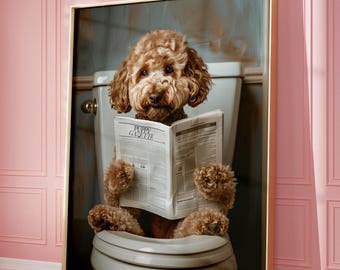 Puede incluir: Un perro marrón y blanco se sienta en un inodoro blanco y lee un periódico titulado "Puppy Gazette".