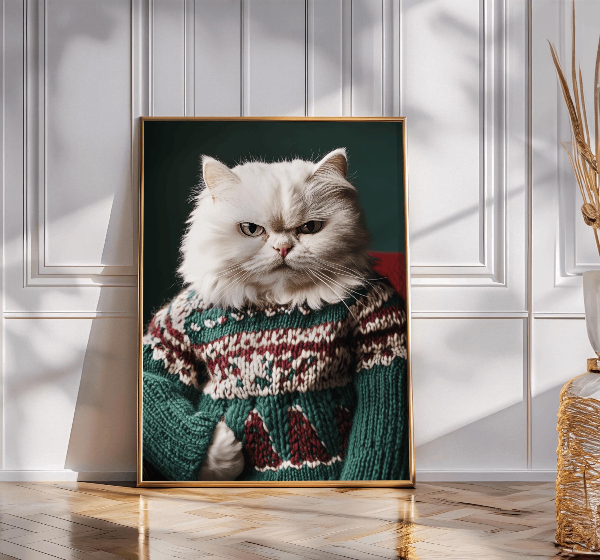 冬のジャンパーを着たかわいい不機嫌な猫のアート、ふわふわの