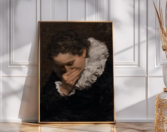 Funny Woman Covering Nose Vintage Oil Painting Poster, Humorous Bathroom Wall Art