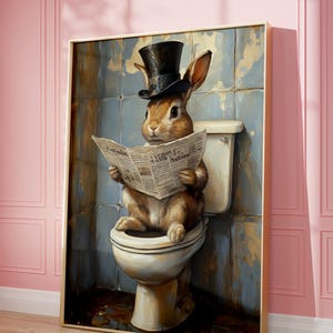 Cute Bunny Reading Newspaper on the Toilet Poster - Dog Decor, Art Print, Eclectic Wall Art, Black & White, Maximalist, Bathroom Decor
